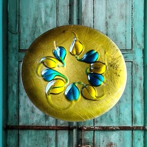 Mid Century Modern Copper Enamel Plate Leaf Pattern